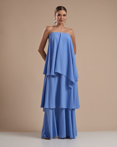 Foto Vestido de Festa Longo Chiffon Crepe em Camadas com Lenço Azul Atlantis