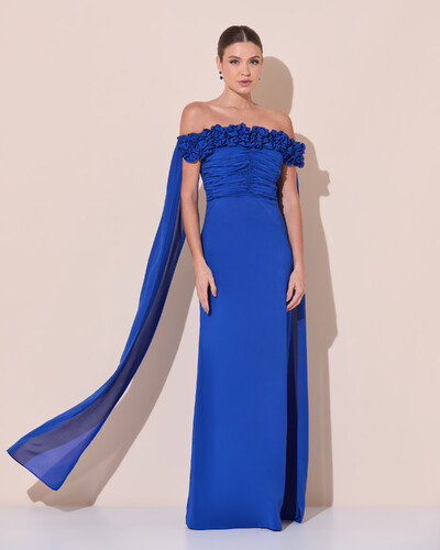 Foto Vestido de Festa Longo Ombro a Ombro Plissado Crepe Chiffon Capa Flor 3D Azul Royal
