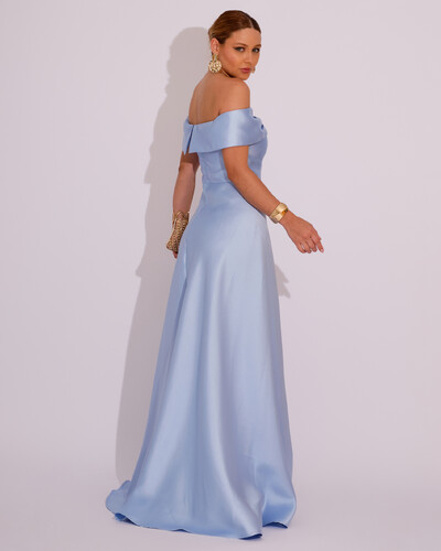 FotoVestido de Festa Longo Ombro a Ombro Laço Zibeline com Fenda Azul Serenity