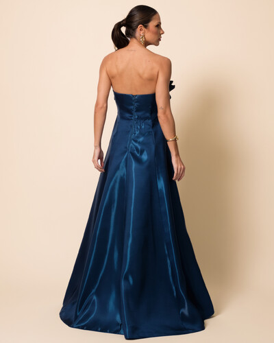 FotoVestido de Festa Longo Cetim Cristal Tomara que Caia com Flor 3D Verde Escuro