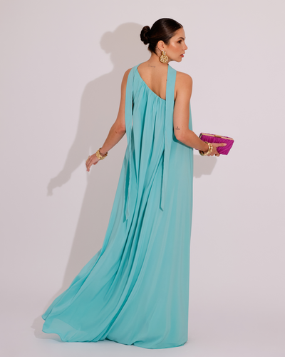 FotoVestido de Festa Longo Crepe Fluido um Ombro Só com Lenço Tiffany