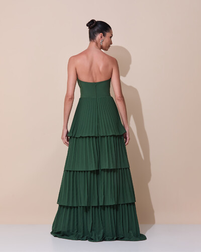 Foto Vestido de Festa Longo Tomara que Caia Crepe Chiffon Plissado Camadas Verde Escuro New