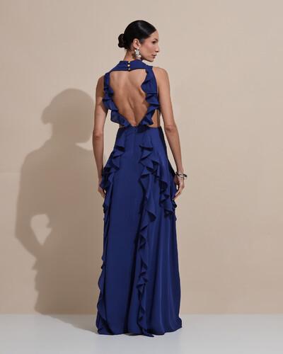 Foto Vestido de Festa Longo Gola Alta Crepe Chiffon Recortes Babados Cascata Azul Marinho