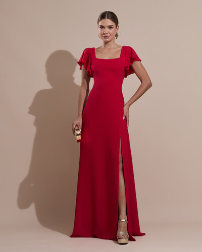 Foto Vestido de Festa Longo Crepe Chiffon Manga Babado e Fenda Vermelho