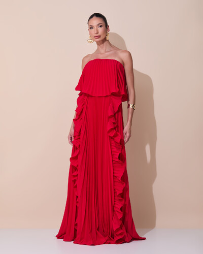 Foto Vestido de Festa Longo Crepe Chiffon Tomara que Caia Plissado com Babado Cascata Vermelho