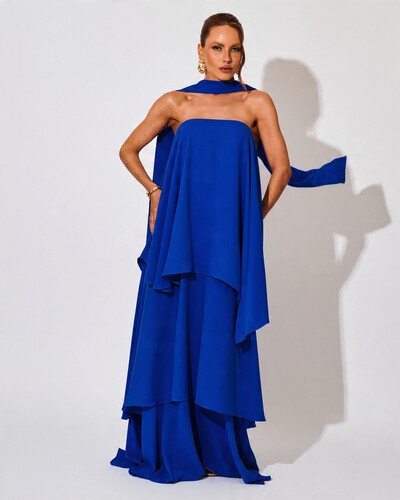 Foto Vestido de Festa Longo Chiffon Crepe em Camadas com Lenço Azul Royal