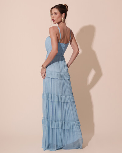 FotoVestido de Festa Longo Tule com Saia Babado Azul Serenity