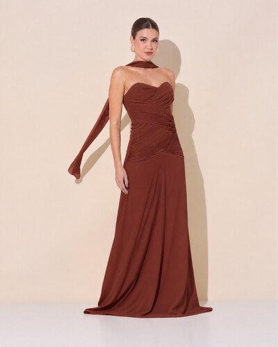 Foto Vestido de Festa Longo Decote Coração Crepe Chiffon Drapeado Plissado Lenço Marrom New