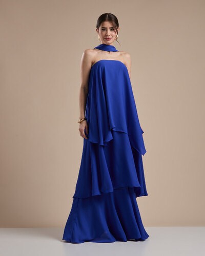 Foto Vestido de Festa Longo Chiffon Crepe em Camadas com Lenço Azul Royal