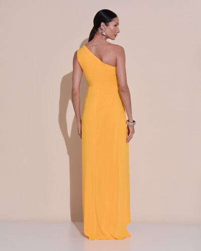 Foto Vestido de Festa Midi Um Ombro Só Crepe Chiffon Babados Cascata Fenda Laranja Manga New