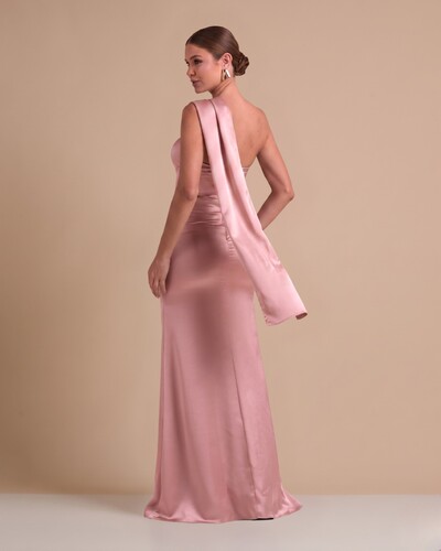 FotoVestido de Festa Longo Cetim Alfaiataria Tomara que Caia com Faixa Lenço Rose Gold