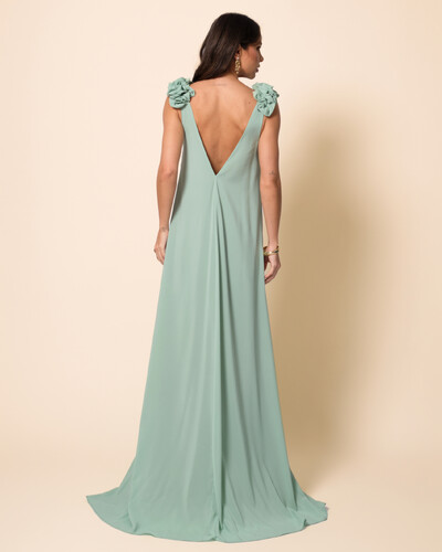 FotoVestido de Festa Longo Crepe Chiffon Fluido Decote em V Flores Verde Menta