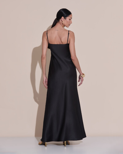 Foto Vestido de Festa Midi Drapeado Cetim Preto