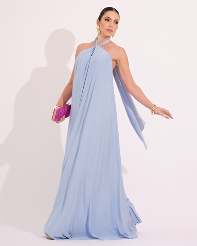 Foto Vestido Longo com Amarração em Malha Azul Claro