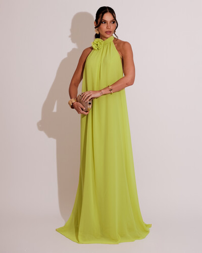 Foto Vestido Longo Crepe Frente Única Fluido Flor Removível Verde Lima