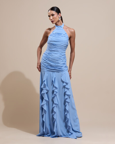 Foto Vestido de Festa Longo Frente Única Crepe Chiffon Drapeado Babados Cascata Serenity