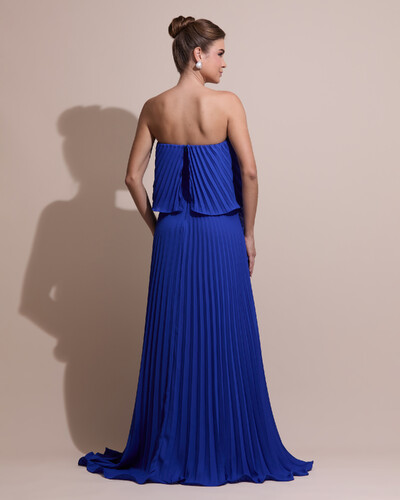 FotoVestido de Festa Longo Crepe Chiffon Tomara que Caia Plissado com Babado Cascata Azul Royal