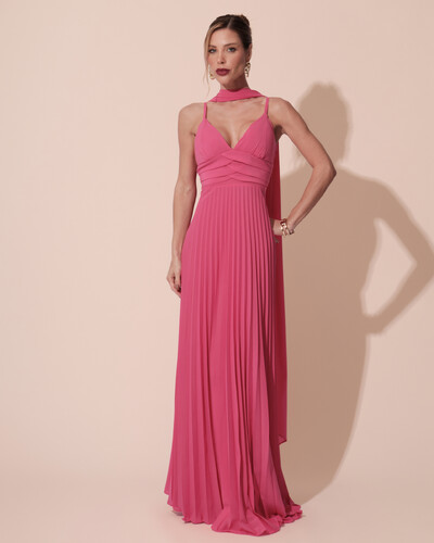 Foto Vestido de Festa Longo Plissado Crepe Chiffon com Alça e Lenço Hot Pink