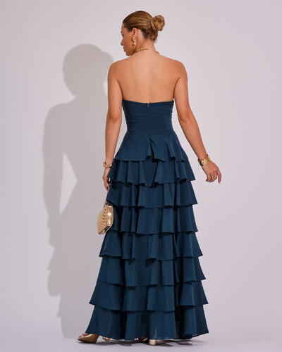 FotoVestido Longo Crepe Chiffon Tomara que Caia Plissado em Camadas Verde Escuro