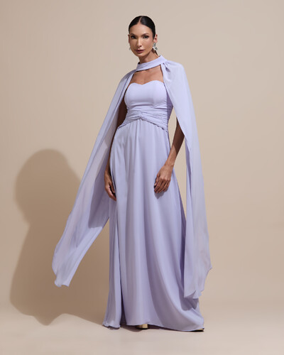 Foto Vestido de Festa Longo Tomara Que Caia Crepe Chiffon Drapeado Capa Lilás Claro