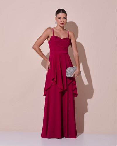 Foto Vestido de Festa Longo Decote Coração Plissado Crepe Chiffon Babados Cascata Cereja