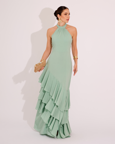 Foto Vestido de Festa Longo Decote Halter com Babados Verde Menta