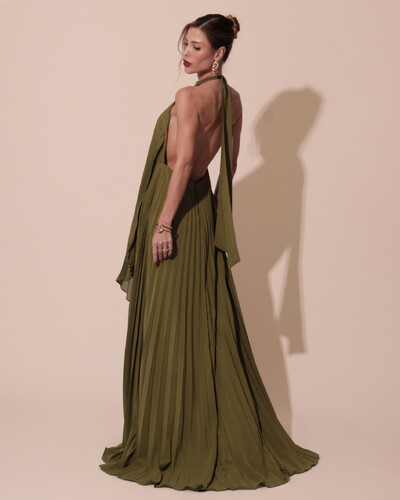 FotoVestidos de Festa Longo Chiffon Fluido Frente Única Plissado Duplo Verde Oliva New