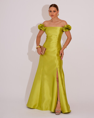 Foto Vestido Longo de Festa Zibeline Ombro a Ombro com Flores e Fenda Verde Lima