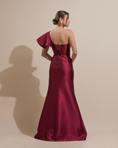 Foto Vestido de Festa Longo um Ombro Tomara que Caia Zibeline Marsala Escuro