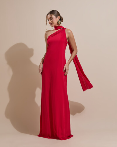 Foto Vestido de Festa Longo Crepe Chiffon Um Ombro Só Drapeado Vermelho