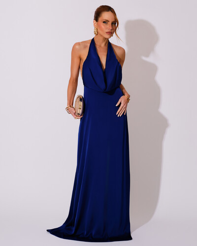 Foto Vestido de Festa Longo Frente Única Degagê Cetim Fluido Azul Marinho