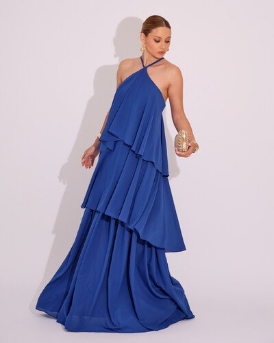 Foto Vestido Longo Babado em Camadas Azul Royal