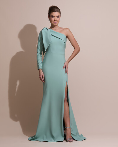 Foto Vestido de Festa com Laço de Um Ombro em Alfaiataria Fenda Verde Menta