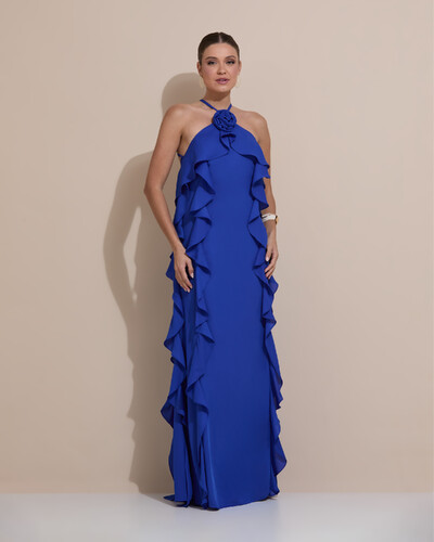 Foto Vestido de Festa Longo Crepe Chiffon Frente Única Babados Cascata e Flor Azul Royal