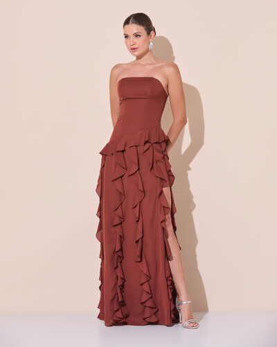 Foto Vestido de festa Longo Tomara que Caia Crepe Chiffon com Babados Cascata e Fenda Marrom New