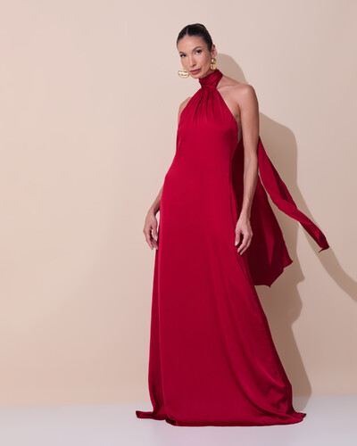 Foto Vestido de Festa Gola Alta com Decote nas Costas Acetinado Marsala