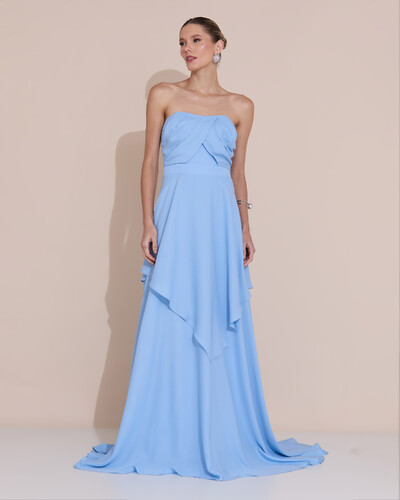 Foto Vestido de Festa Longo Tomara que Caia Crepe Chiffon Drapeado Camadas Serenity