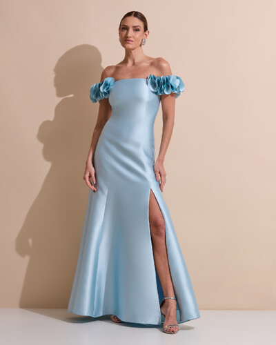 Foto Vestido Longo de Festa Zibeline Ombro a Ombro com Flores e Fenda Tiffany