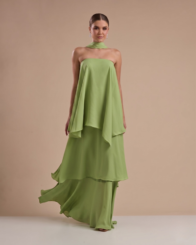 Foto Vestido de Festa Longo Chiffon Crepe em Camadas com Lenço Verde Garden