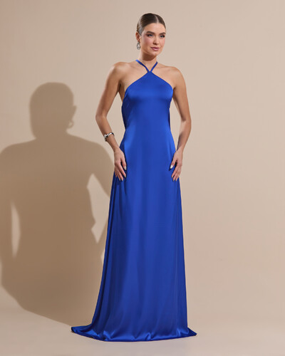 Foto Vestido Longo de Cetim com Decote Triangular e Amarração nas Costas Degagê Azul Royal