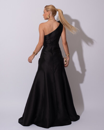 FotoVestido de Festa Longo Zibeline um Ombro Só Flor Removível Saia Sereia Preto