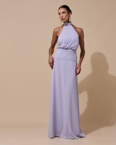 Foto Vestido de Festa Longo Frente Única Busto Blousê Crepe Chiffon Drapeado Lilás Claro