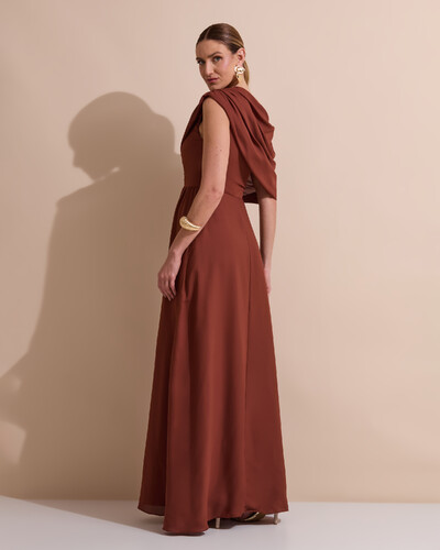 Foto Vestido de Festa Longo Um Ombro Só Crepe Chiffon Capa Drapeado Marrom New