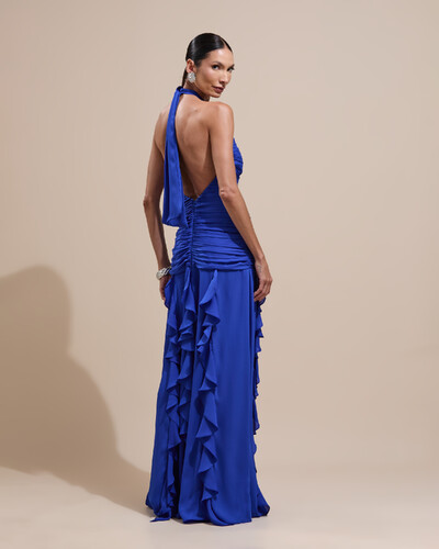 Foto Vestido de Festa Longo Frente Única Crepe Chiffon Drapeado Babados Cascata Azul Royal