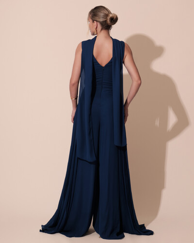 FotoMacacão de Festa Longo Crepe Pantalona Plissado e Lenço Azul Marinho