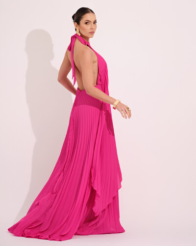 FotoVestidos de Festa Longo Chiffon Fluido Frente Única Plissado Duplo Pink
