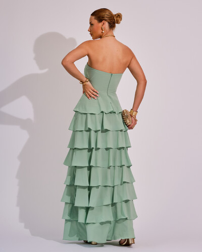 FotoVestido Longo Crepe Chiffon Tomara que Caia Plissado em Camadas Verde Menta