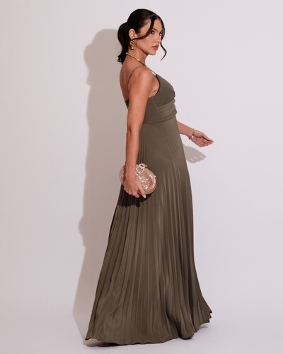 FotoVestido de Festa Longo Plissado Crepe Chiffon com Alça Verde Oliva