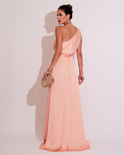 FotoVestido Longo um Ombro com Busto Blousê e Fenda Rose Gold