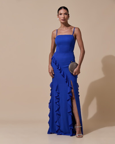 Foto Vestido de Festa Longo Alças Finas Crepe Chiffon Babado Cascata Fenda Costas V Azul Royal